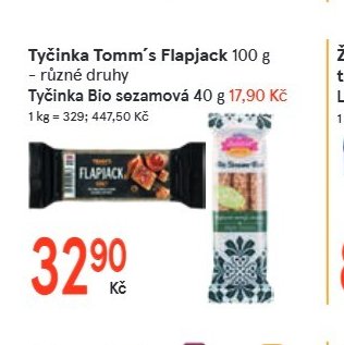 Tyčinka Tomm’s Flapjack 100 g, Tyčinka Bio sezamová 40 g