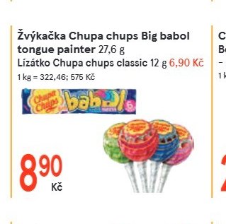 Žvýkačka Chupa chups Big babol tongue painter 27,6 g, Lízátko Chupa chups classic 12 g