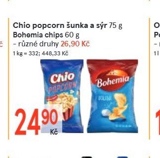 Chio popcorn šunka a sýr 75 g, Bohemia chips 60 g