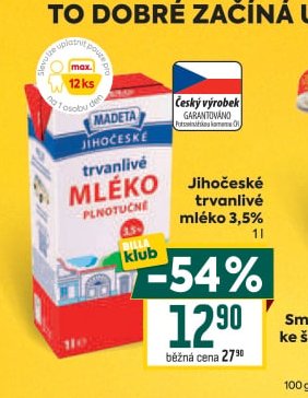 Madeta Jihočeské trvanlivé mléko 3,5%