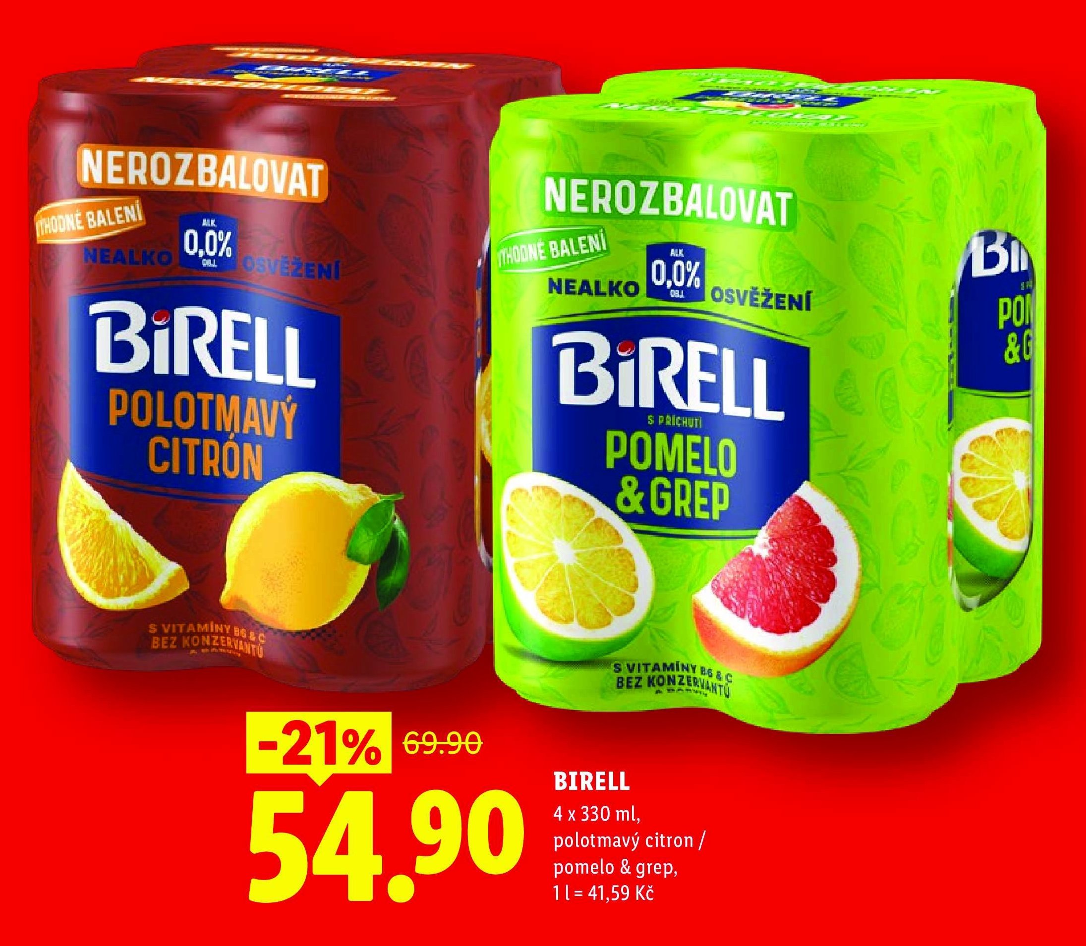BIRELL 4 x 330 ml, polotmavý citron / pomelo & grep