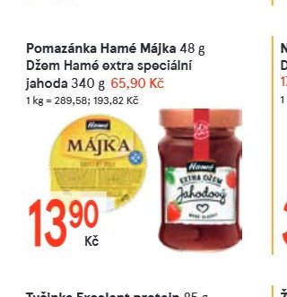 Pomazánka Hamé Májka 48 g, Džem Hamé extra speciální jahoda 340 g