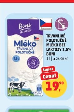 TRVANLIVÉ POLOTUČNÉ MLÉKO BEZ LAKTÓZY 1,5% BONI