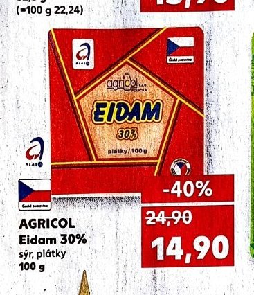 AGRICOL Eidam 30% sýr, plátky 100 g