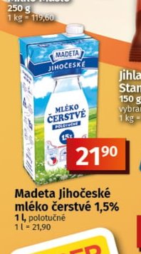 Madeta Jihočeské mléko čerstvé 1,5% 1 l