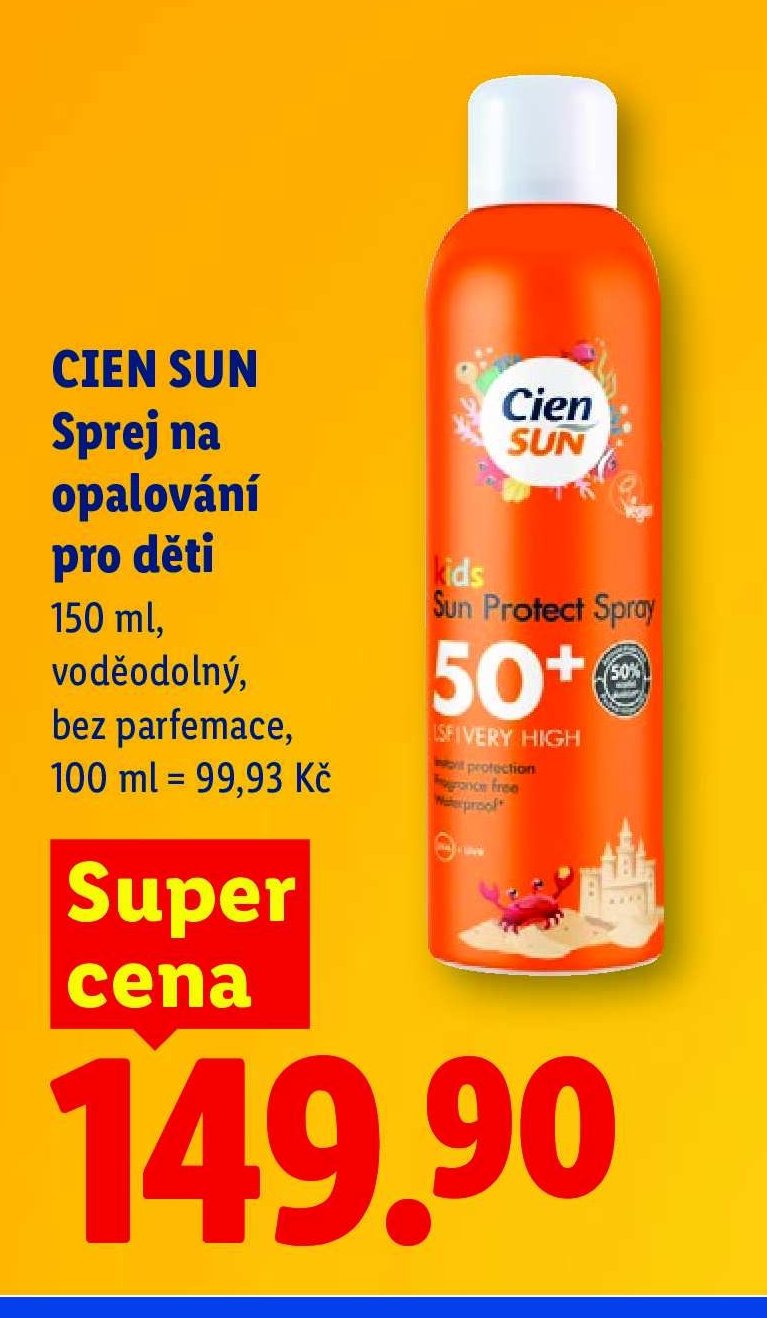 CIEN SUN Sprej na opalování pro děti 150 ml, voděodolný, bez parfemace, 100 ml = 99,93 Kč