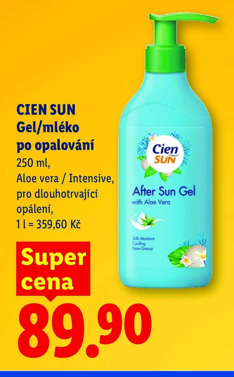 CIEN SUN Gel/mléko po opalování 250 ml, Aloe vera / Intensive, pro dlouhotrvající opálení, 1 l = 359,60 Kč