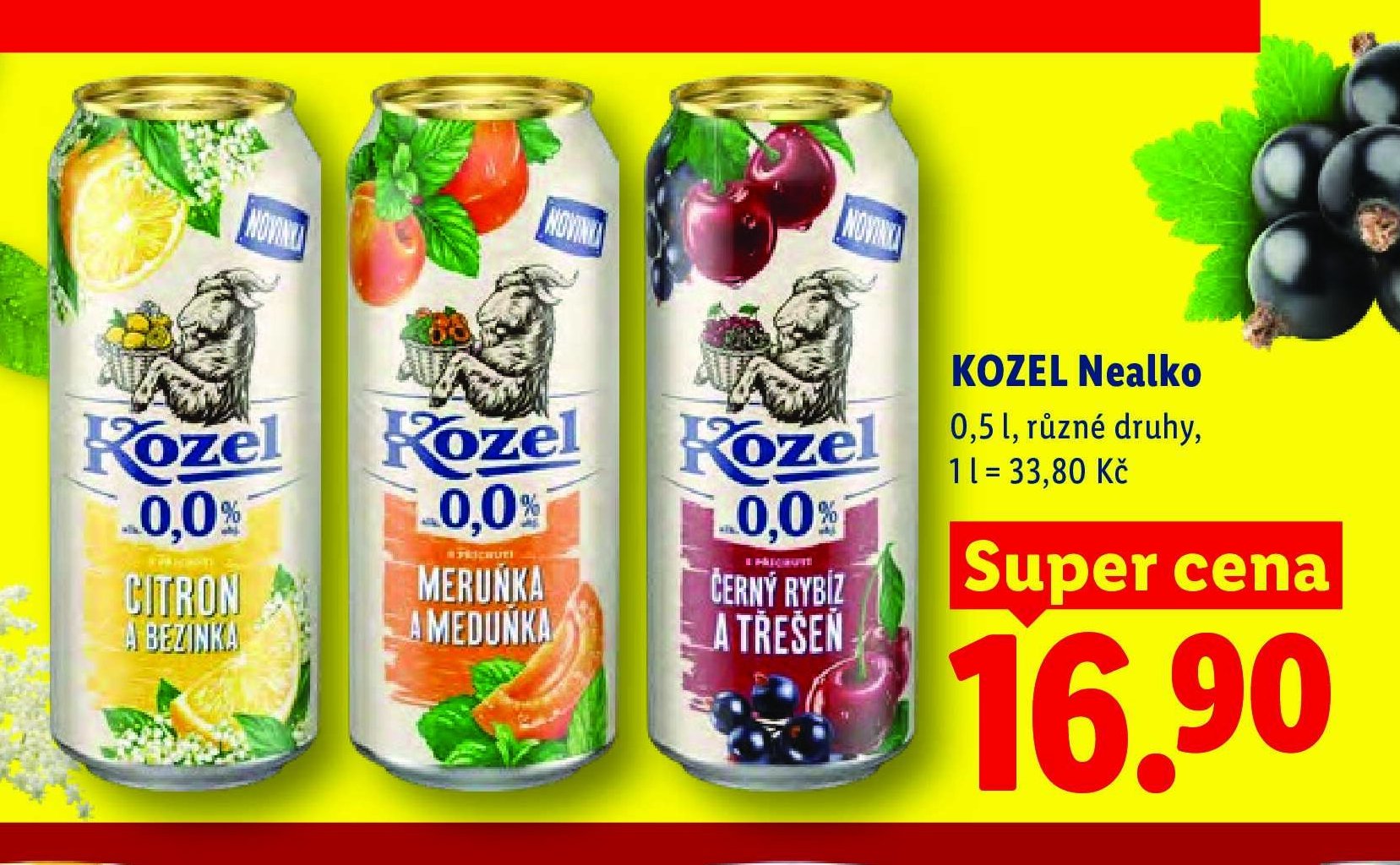 Kozel Nealko, Citron a bezinka, Meruňka a meduňka, Černý rybíz a třešeň