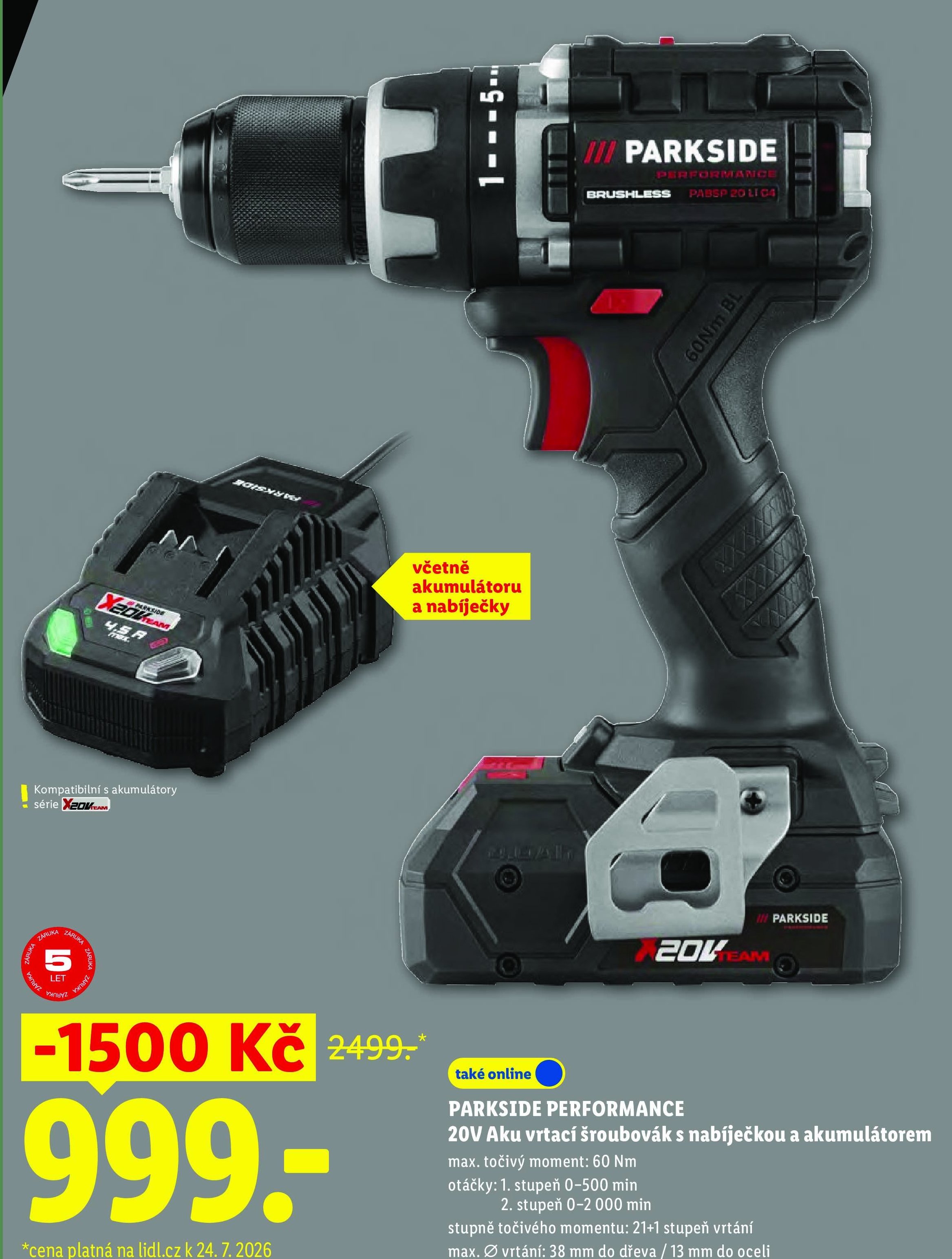 PARKSIDE PERFORMANCE 20V Aku vrtací šroubovák s nabíječkou a akumulátorem