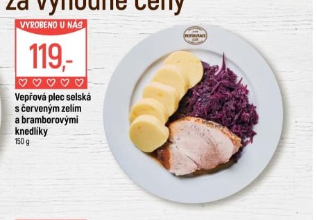 Vepřová plec selská s červeným zelím a bramborovými knedlíky 150 g