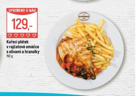 Kuřecí plátek v rajčatové omáčce s olivami a hranolky 150 g