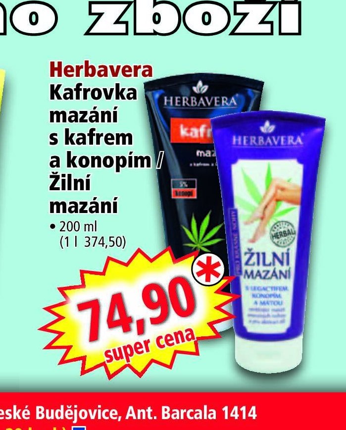 Herbavera Kafrovka mazání s kafrem a konopím / Žilní mazání