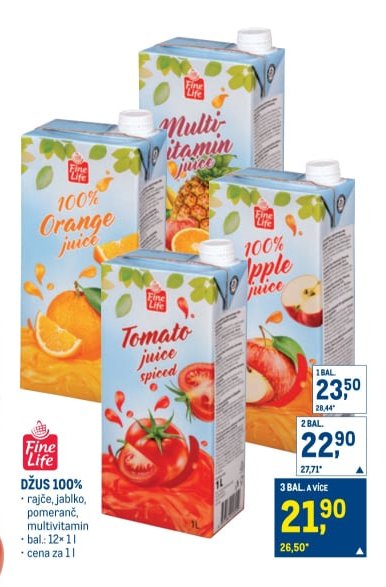 Fine Life džus 100% (pomeranč, multivitamin, jablko, rajčatová šťáva)