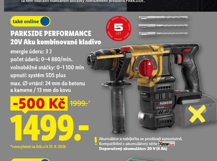 PARKSIDE PERFORMANCE 20V Aku kombinované kladivo