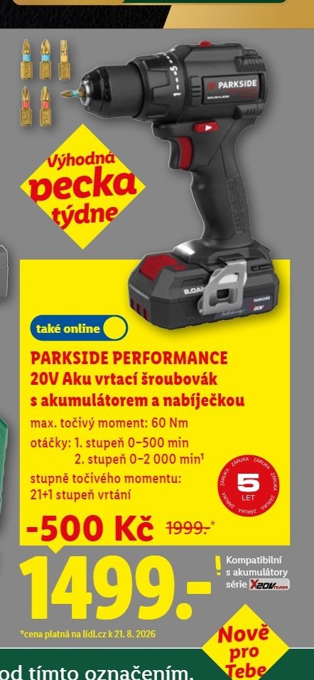 PARKSIDE PERFORMANCE 20V Aku vrtací šroubovák s akumulátorem a nabíječkou