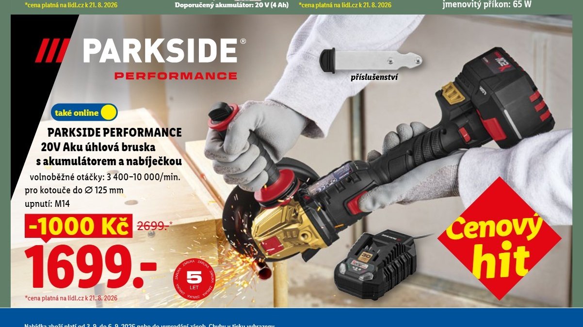 PARKSIDE PERFORMANCE 20V Aku úhlová bruska s akumulátorem a nabíječkou