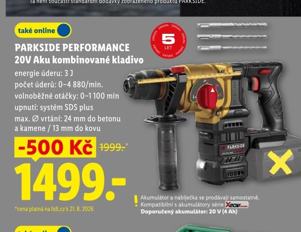 PARKSIDE PERFORMANCE 20V Aku kombinované kladivo