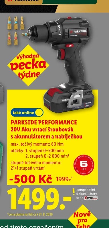 PARKSIDE PERFORMANCE 20V Aku vrtací šroubovák s akumulátorem a nabíječkou