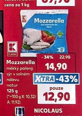 Mozzarella měkký pařený sýr v solném nálevu natur 125 g