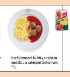 Hovězí masové kuličky s rajskou omáčkou a vařenými těstovinami 75g