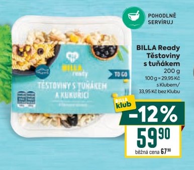 BILLA Ready Těstoviny s tuňákem a kukuřicí 200 g