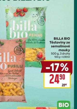BILLA BIO Těstoviny ze semolinové mouky 500 g