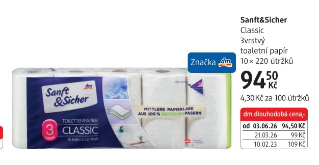 Sanft&Sicher Classic 3vrstvý toaletní papír 10 × 220 útržků