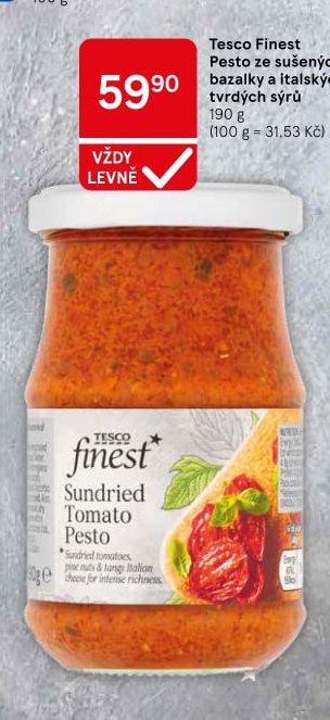 Tesco Finest Pesto ze sušených rajčat, bazalky a italských tvrdých sýrů