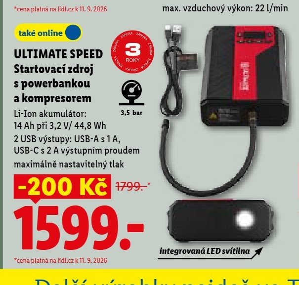 ULTIMATE SPEED Startovací zdroj s powerbankou a kompresorem