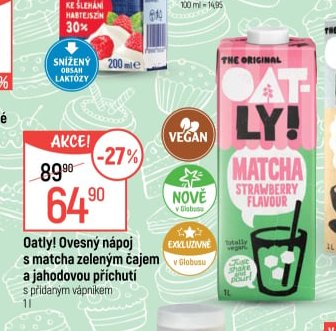 Oatly! Ovesný nápoj s matcha zeleným čajem a jahodovou příchutí 1 l