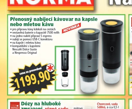 Přenosný nabíjecí kávovar na kapsle nebo mletou kávu