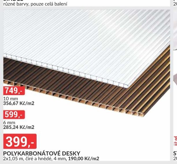 POLYKARBONÁTOVÉ DESKY 2x1,05 m, čiré a hnědé, 4 mm, 190,00 Kč/m2 (6 mm: 599,- / 10 mm: 749,-)