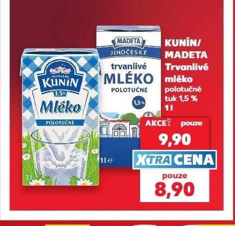 Kunín/Madeta Trvanlivé mléko polotučné 1,5 % 1 l