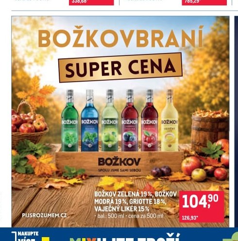 BOŽKOV ZELENÁ 19%, BOŽKOV MODRÁ 19%, GRIOTTE 18%, VAJEČNÝ LIKÉR 15%